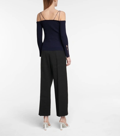 Shop Jacquemus Le Cardigan Tordu Off-shoulder Cardigan In Blue