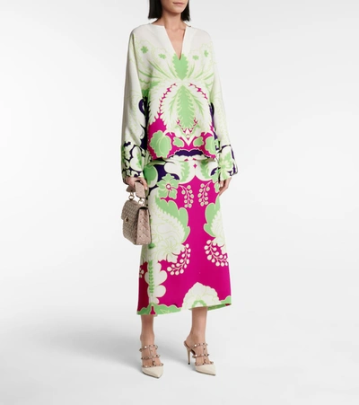 Shop Valentino Floral Silk Cady Midi Skirt In Green