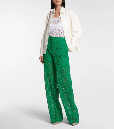 Shop Valentino High-rise Wide-leg Lace Pants In Green