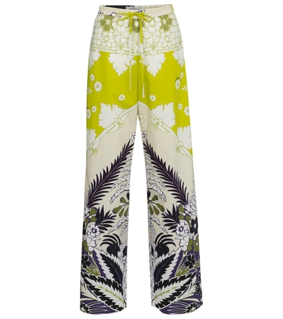 Shop Valentino Floral Cotton High-rise Wide-leg Pants In Green