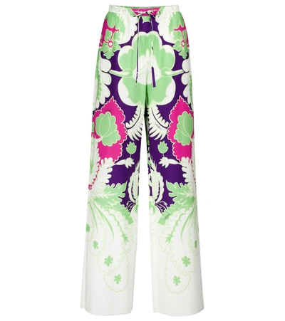Shop Valentino Floral Cotton High-rise Wide-leg Pants In White