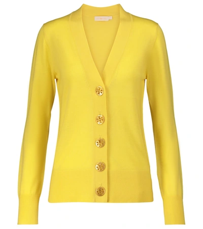 Shop Tory Burch Simone Merino Wool Cardigan In Yellow