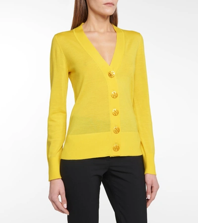 Shop Tory Burch Simone Merino Wool Cardigan In Yellow
