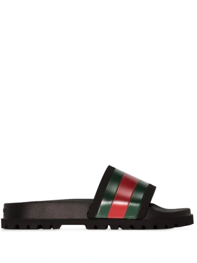 Gucci Black Rubber Web Slide Sandals | ModeSens
