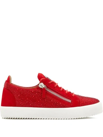 Shop Giuseppe Zanotti Low Top Crystal-embellished Sneakers In Red