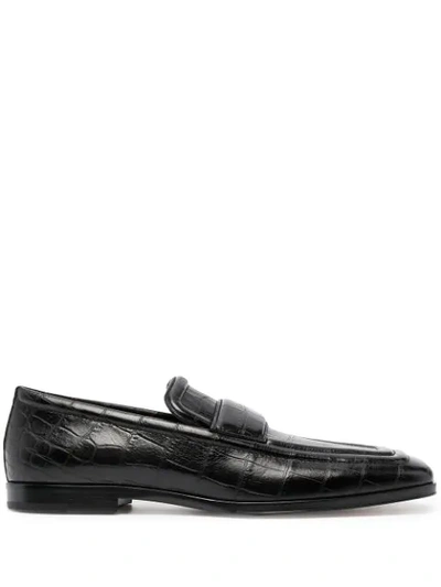 Shop Bottega Veneta Crocodile-effect Square Toe Loafers In Black