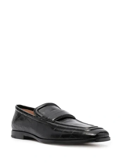 Shop Bottega Veneta Crocodile-effect Square Toe Loafers In Black