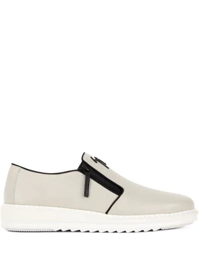 Shop Giuseppe Zanotti Logo Lettered Loafers With Zip Detail In Grey