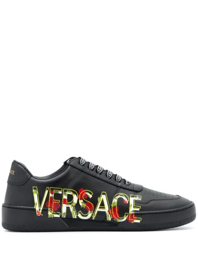 Shop Versace Logo Printed Leather Sneakers In Black