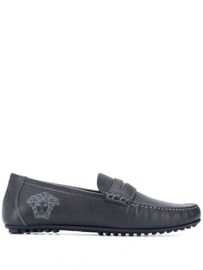 Shop Versace Embroidered Medusa Loafers In Blue