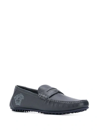 Shop Versace Embroidered Medusa Loafers In Blue