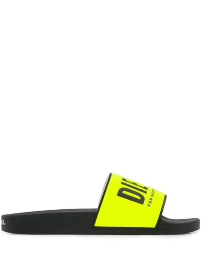 Shop Diesel Logo Print Sliders In Yellow