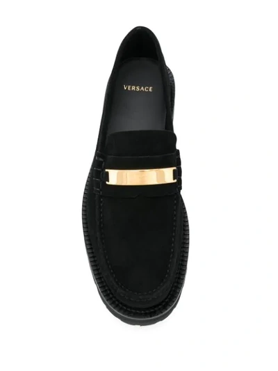 Shop Versace Logo Plaque Suede Loafers In Black