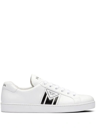 Shop Prada Printed Logo Calf Leather Sneakers In White