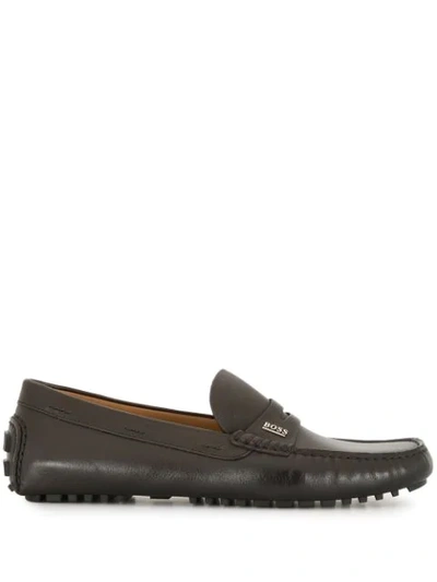 Shop Hugo Boss Penny Strap Loafers In Brown