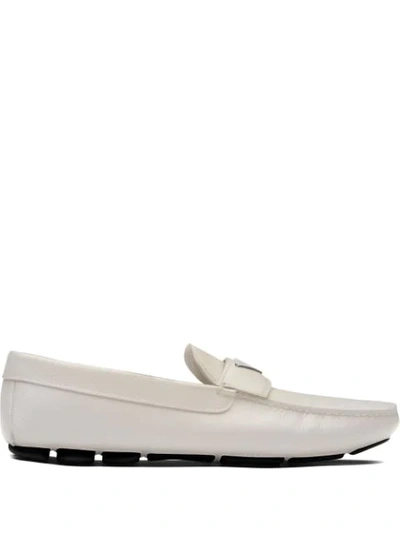 Shop Prada Logo Plaque Loafers In White