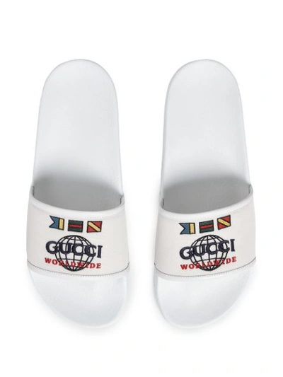Gucci Embroidered Flag Logo Slide Sandals In White | ModeSens
