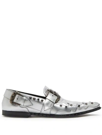 Shop Dolce & Gabbana Studded Metallic-finish Loafers In Silver