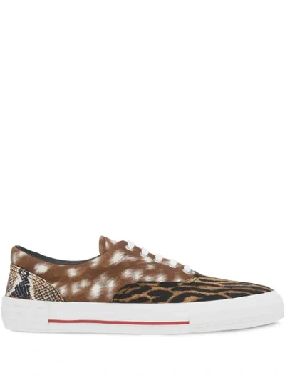 Shop Burberry Animal Print Canvas Low-top Sneakers In Brown