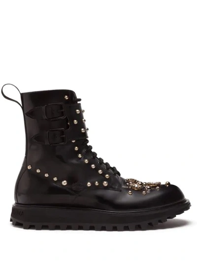 Shop Dolce & Gabbana Embellished Stud And Stone Boots In Black