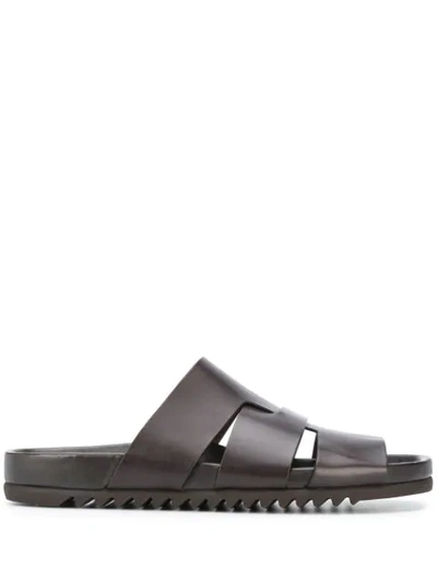 Shop Rick Owens Leather Panelled Sliders In Brown