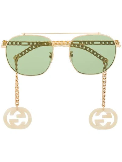 Shop Gucci Gg Chain Aviator-frame Sunglasses In Gold