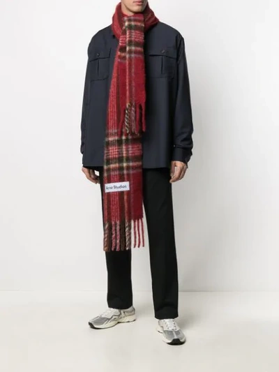 Shop Acne Studios Check Print Fringed Scarf In Red