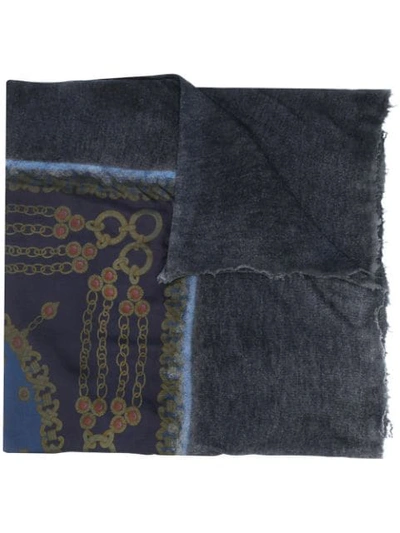 Shop Avant Toi Frayed Printed Scarf In Blue