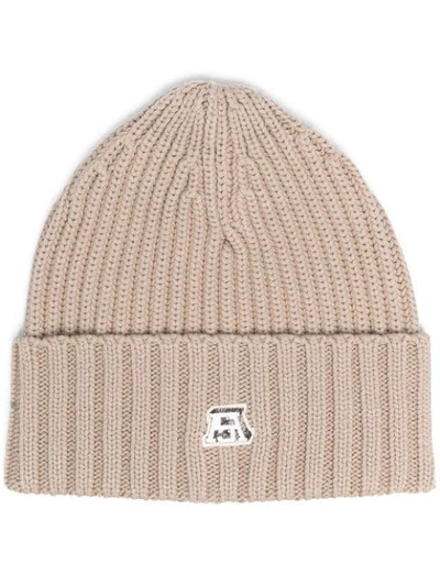 Shop Acne Studios Logo-patch Ribbed-knit Beanie In Neutrals