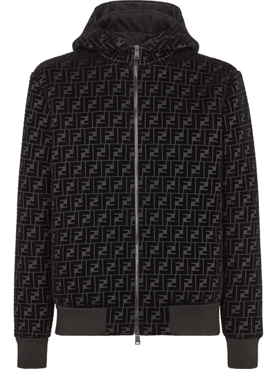 Shop Fendi Velvet Ff Zipped Hooded Jacket In Black