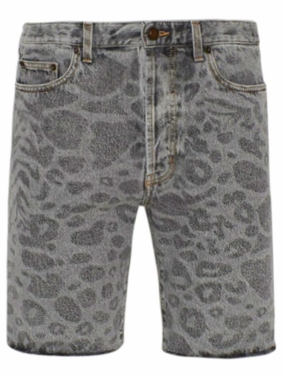 Shop Saint Laurent Grey Leopard Print Denim Bermuda Shorts