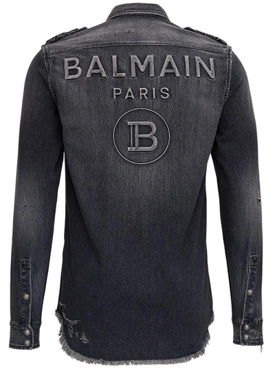Shop Balmain Denim Shirt With Back Logo In Black