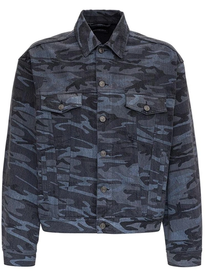 Shop Balenciaga Gray Camouflage Denim Jacket In Black
