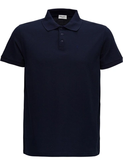 Shop Saint Laurent Monogram Embroidery Polo Shirt In Blu