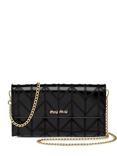 Shop Miu Miu Leather Wallet With Shoulder Strap In Black