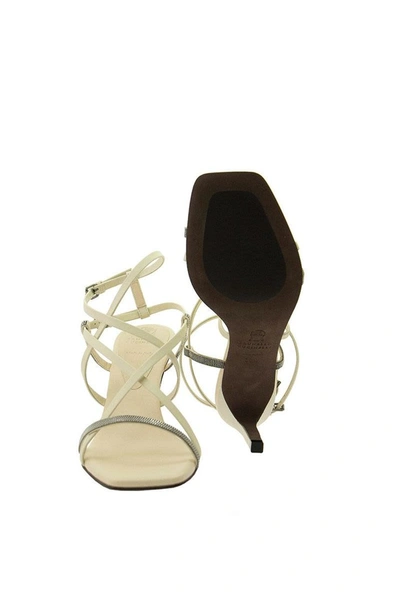 Shop Brunello Cucinelli Matte Calfskin Heels With Shiny Strap Rice