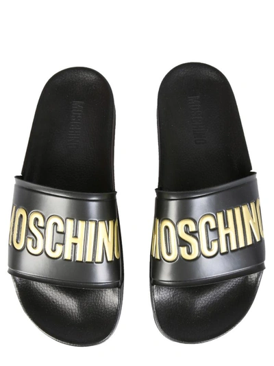 Shop Moschino Slide Sandals With Logo In Black