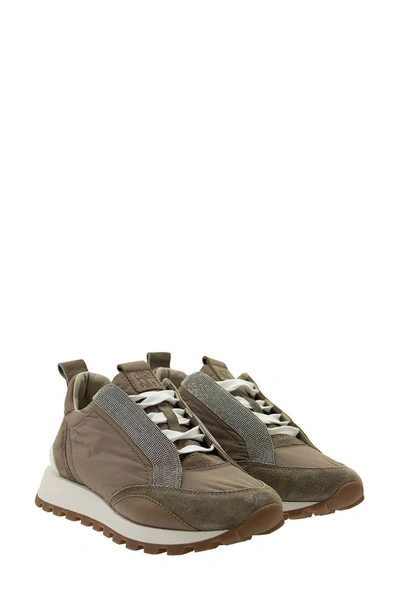 Shop Brunello Cucinelli Taffeta And Suede Runners With Precious Bands Mud