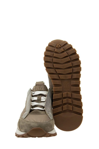 Shop Brunello Cucinelli Taffeta And Suede Runners With Precious Bands Mud