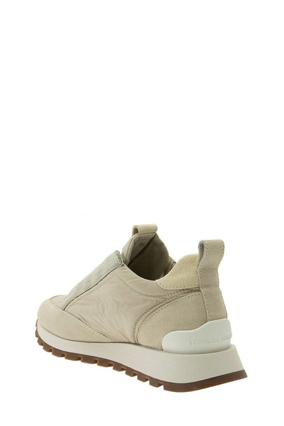 Shop Brunello Cucinelli Taffeta And Suede Runners With Precious Bands Milk