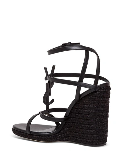 Shop Saint Laurent Leather Clessandra Wedge Espadrilles With Logo In Black