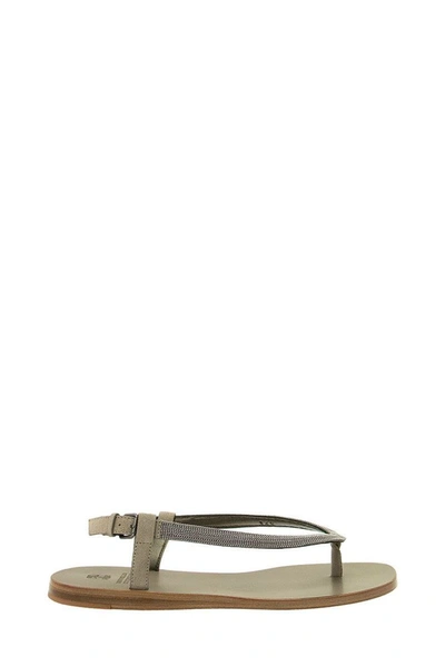 Shop Brunello Cucinelli Matte Calfskin Sandals With Precious Strap Silver
