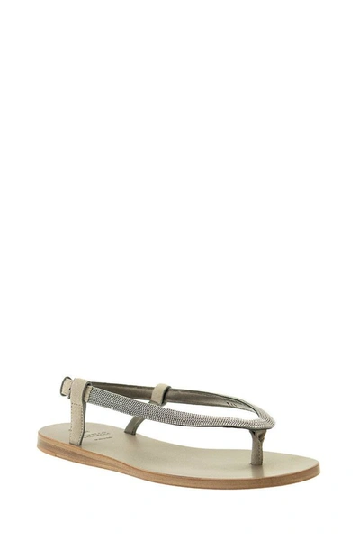Shop Brunello Cucinelli Matte Calfskin Sandals With Precious Strap Silver