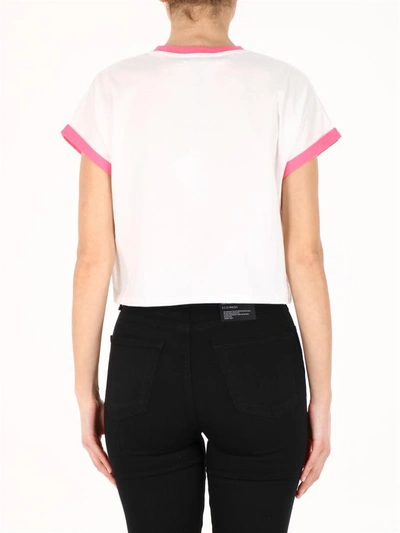 Shop Balmain Flocked Logo Cropped T-shirt In White/pink