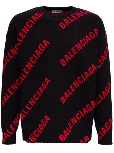Shop Balenciaga Cotton Blend Sweater With Allover Logo In Black