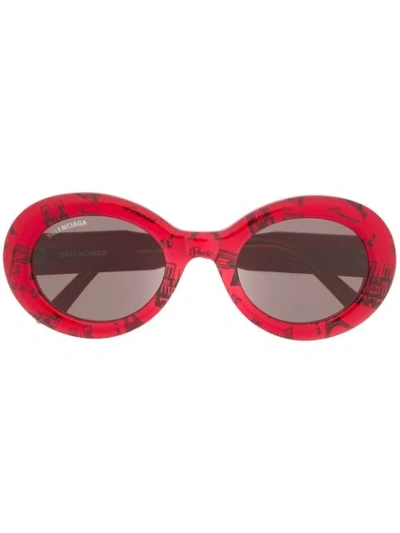 Shop Balenciaga Paris Print Round-frame Sunglasses In Red