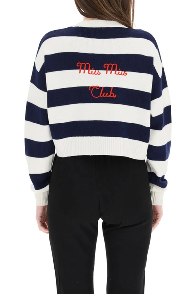 Shop Miu Miu Striped Wool Sweater With Logo In Avorio Navy