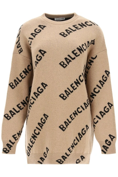 Shop Balenciaga Oversized Sweater With Jacquard Logo In Beige Black