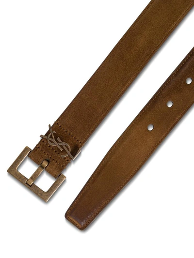 Shop Saint Laurent Suede Leather Belt With Logo Buckle In Brown