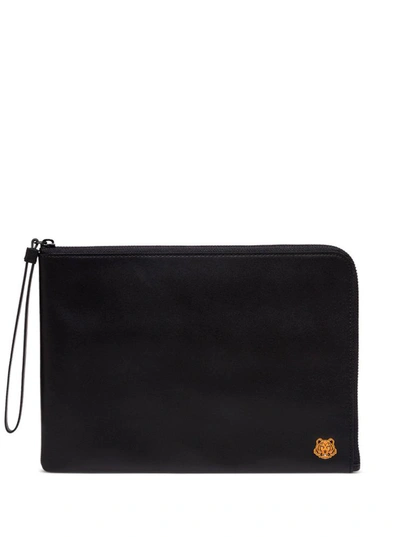Shop Kenzo Leather Clutch With Logo Patch In Black